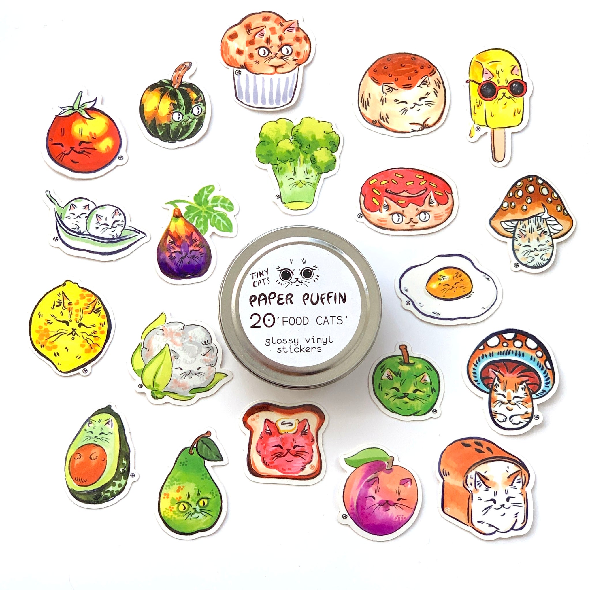 Food Cat Stickers 20 pack with Tin Case