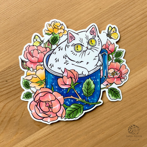 Roses Cup Cat Sticker
