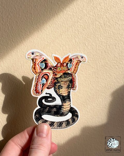 Moth Cats Sticker “Mimicat Rider” Atlas Moth & Cobra Snake