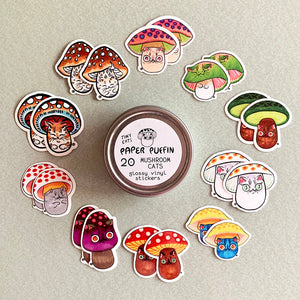Mushroom Cat Stickers 20 pack with Tin Case