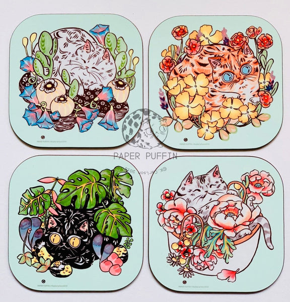 Flower Cats Coasters 4 pack