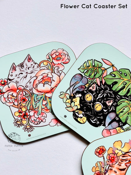 Flower Cats Coasters 4 pack