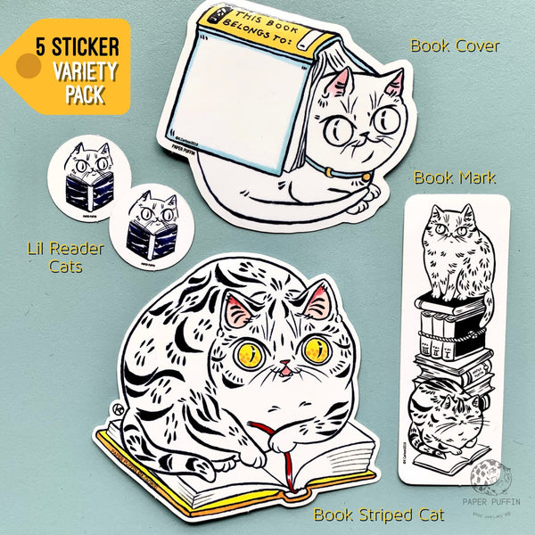 Book Cat Stickers Set of 5