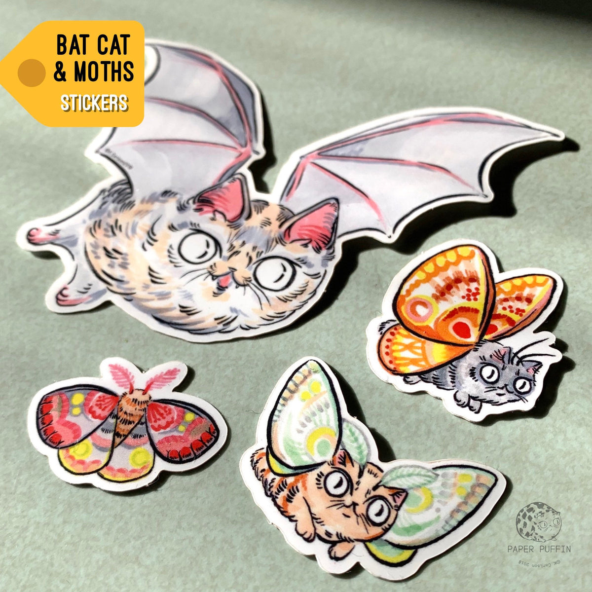 Bat Cat & Moth Stickers Set of 4 – PaperPuffin