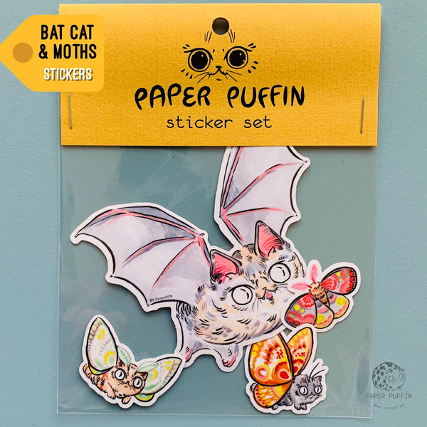 Bat Cat & Moth Stickers Set of 4