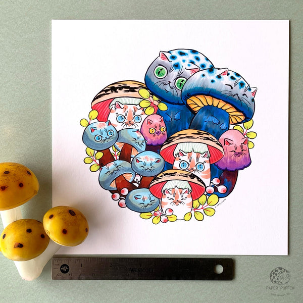 Mushroom Cats Circle #3 Print 8x8