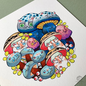 Mushroom Cats Circle #3 Print 8x8