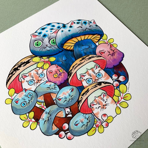 Mushroom Cats Circle #3 Print 8x8