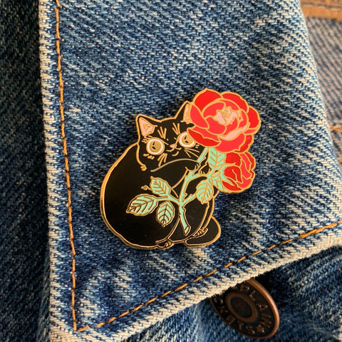 Rose Kitty Enamel Pin - Black Cat Red Rose