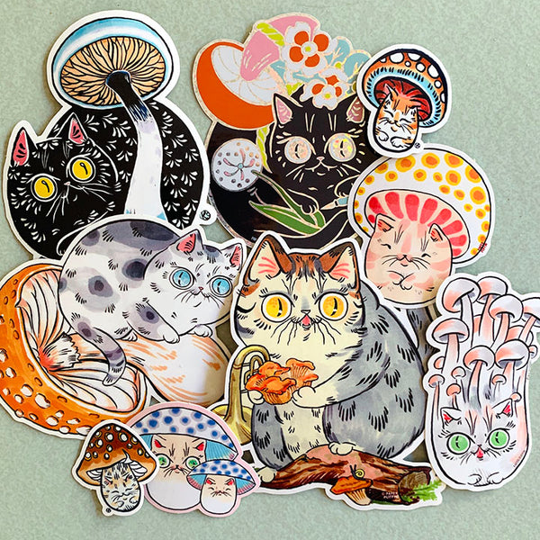 Mushroom Cat Stickers Set of 9