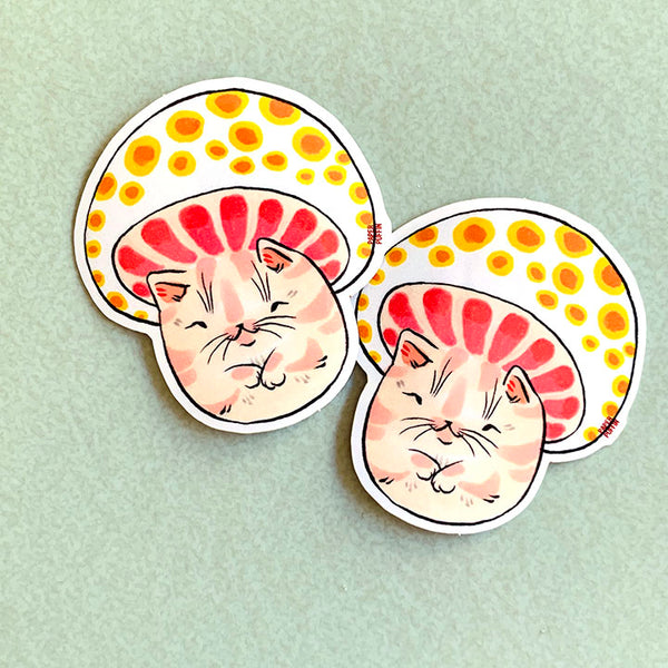 Spotted Yellow Mushroom Cat Stickers Set of 2
